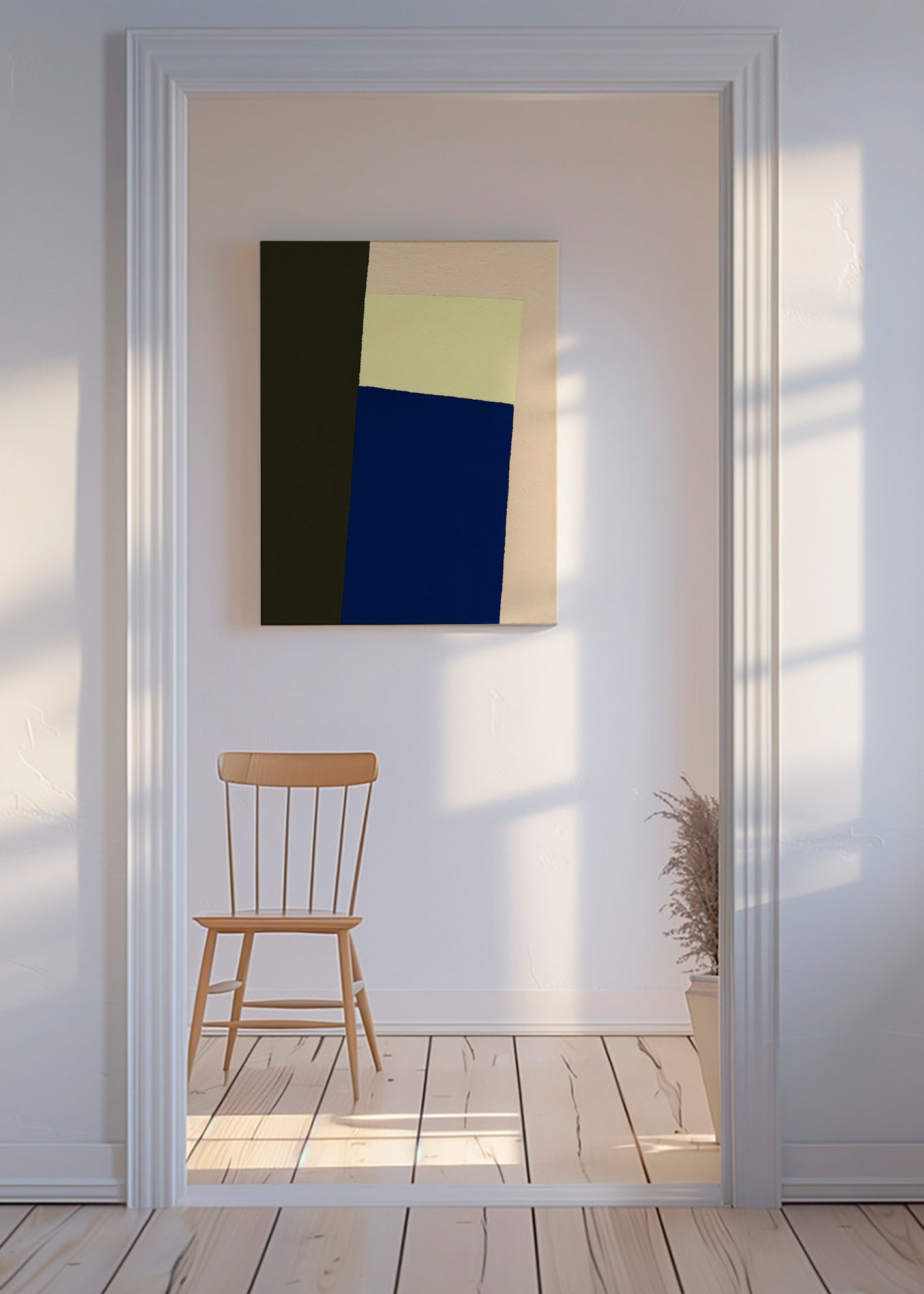 Quadro geométrico com bloco azul vertical