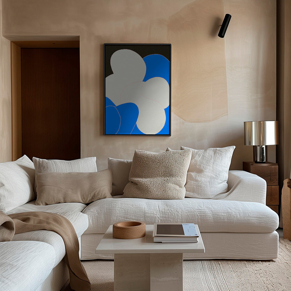 Quadro abstrato com formas orgânicas azul e branco