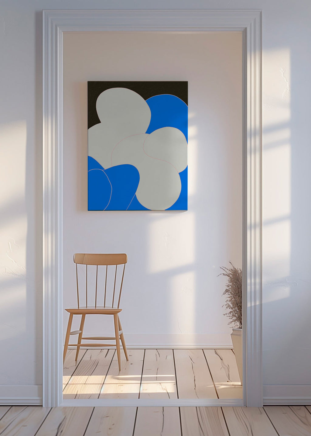 Quadro abstrato com formas orgânicas azul e branco