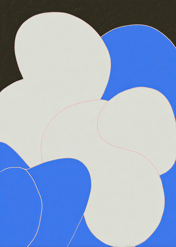 Quadro abstrato com formas orgânicas azul e branco