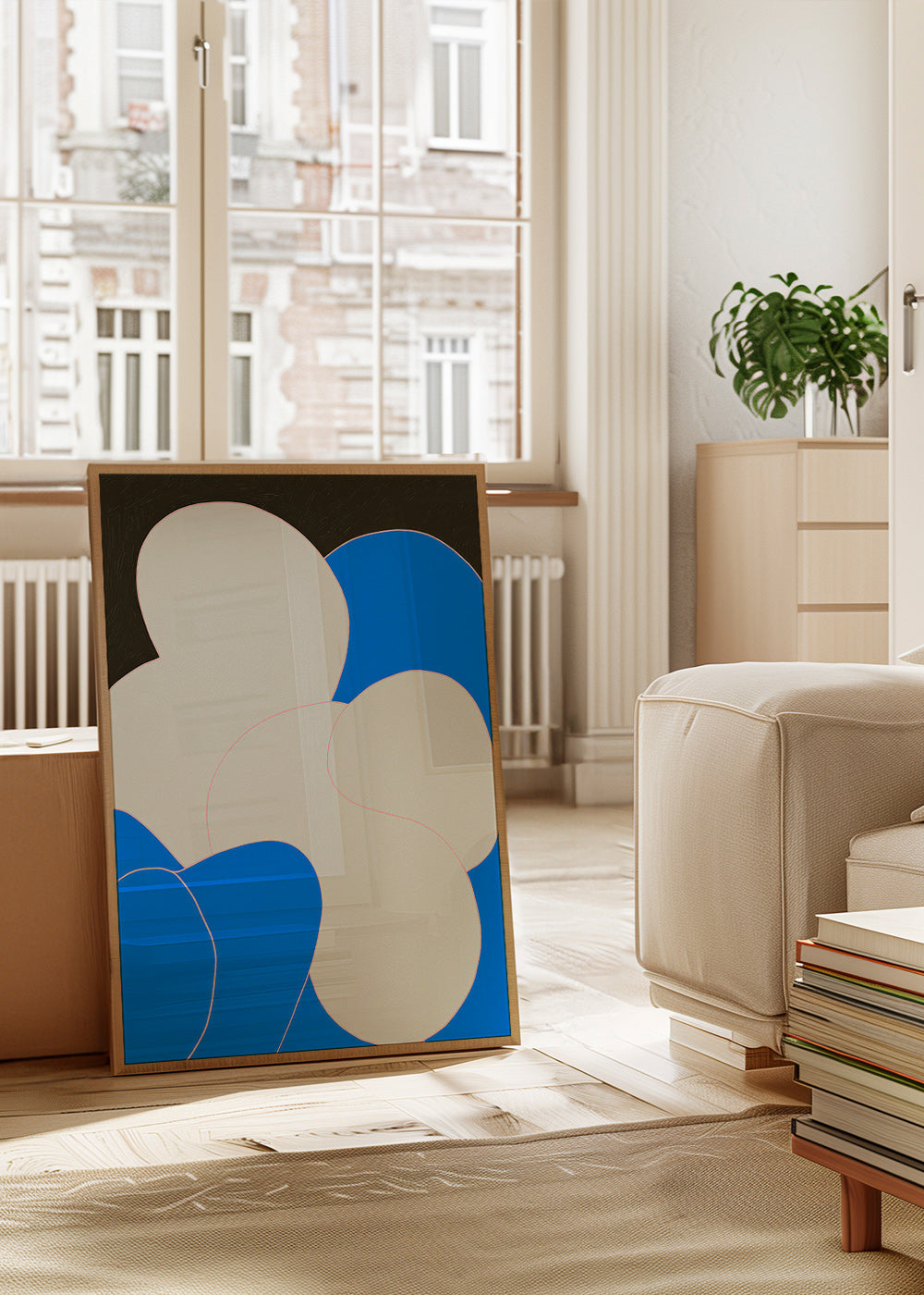 Quadro abstrato com formas orgânicas azul e branco