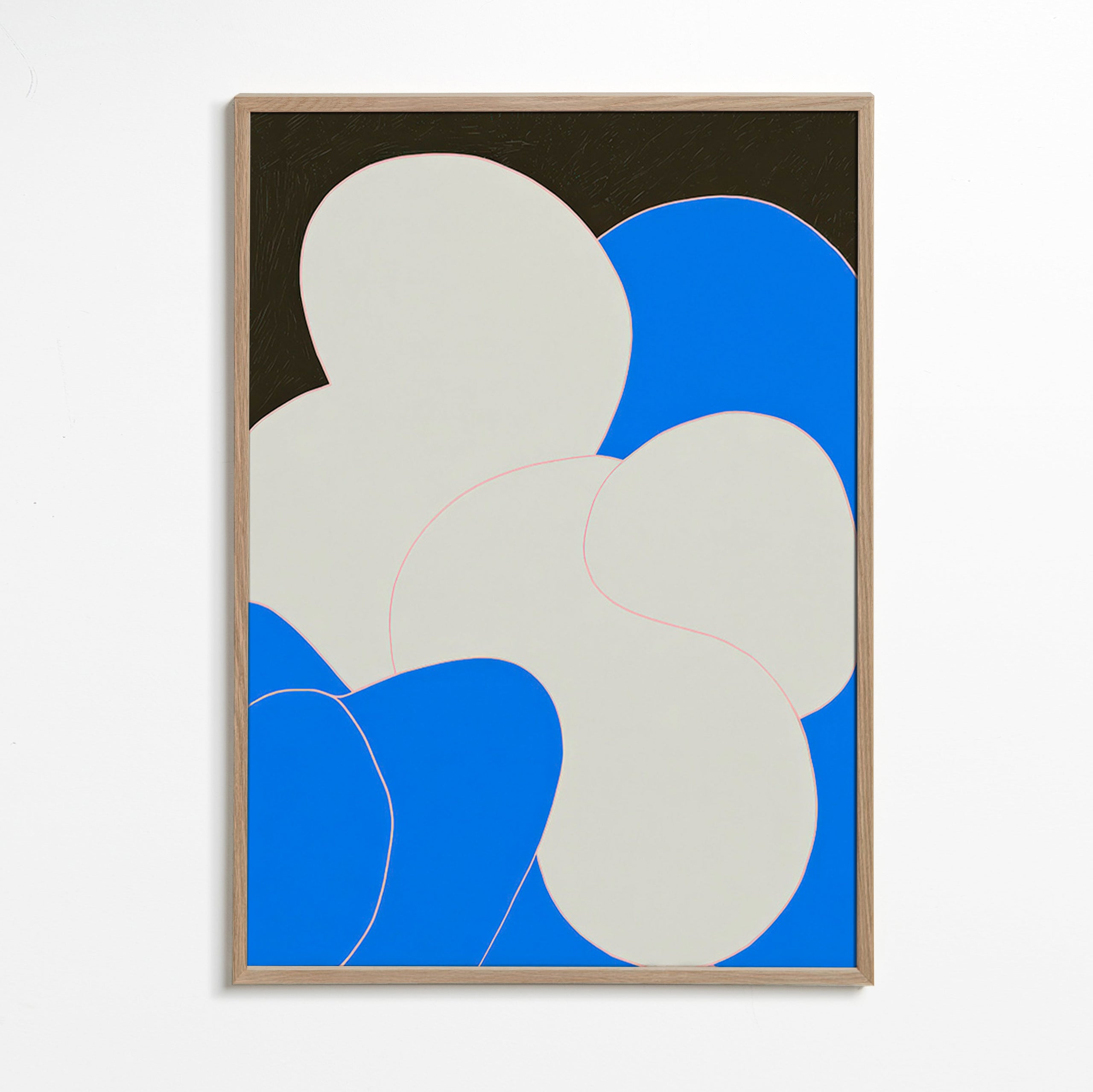 Quadro abstrato com formas orgânicas azul e branco