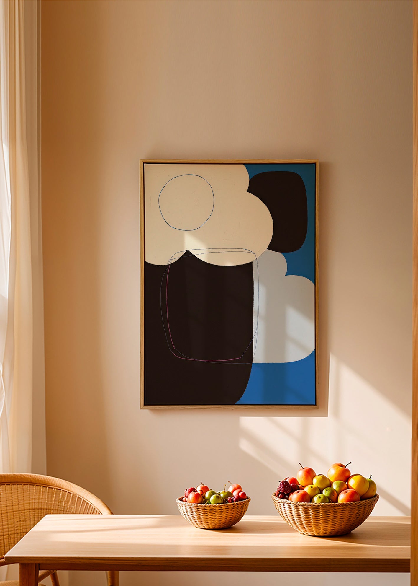 Quadro abstrato com formas orgânicas azuis
