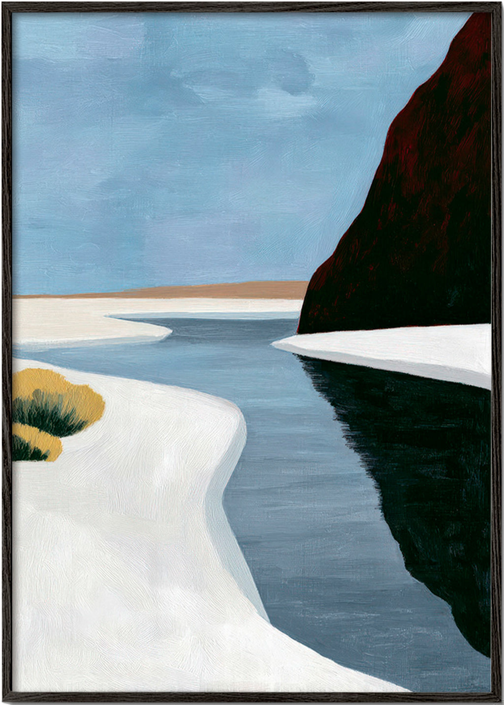 Quadro de paisagem: estuário minimalista com penhasco escuro