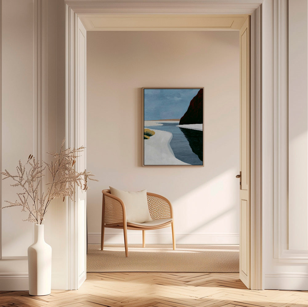 Quadro de paisagem: estuário minimalista com penhasco escuro