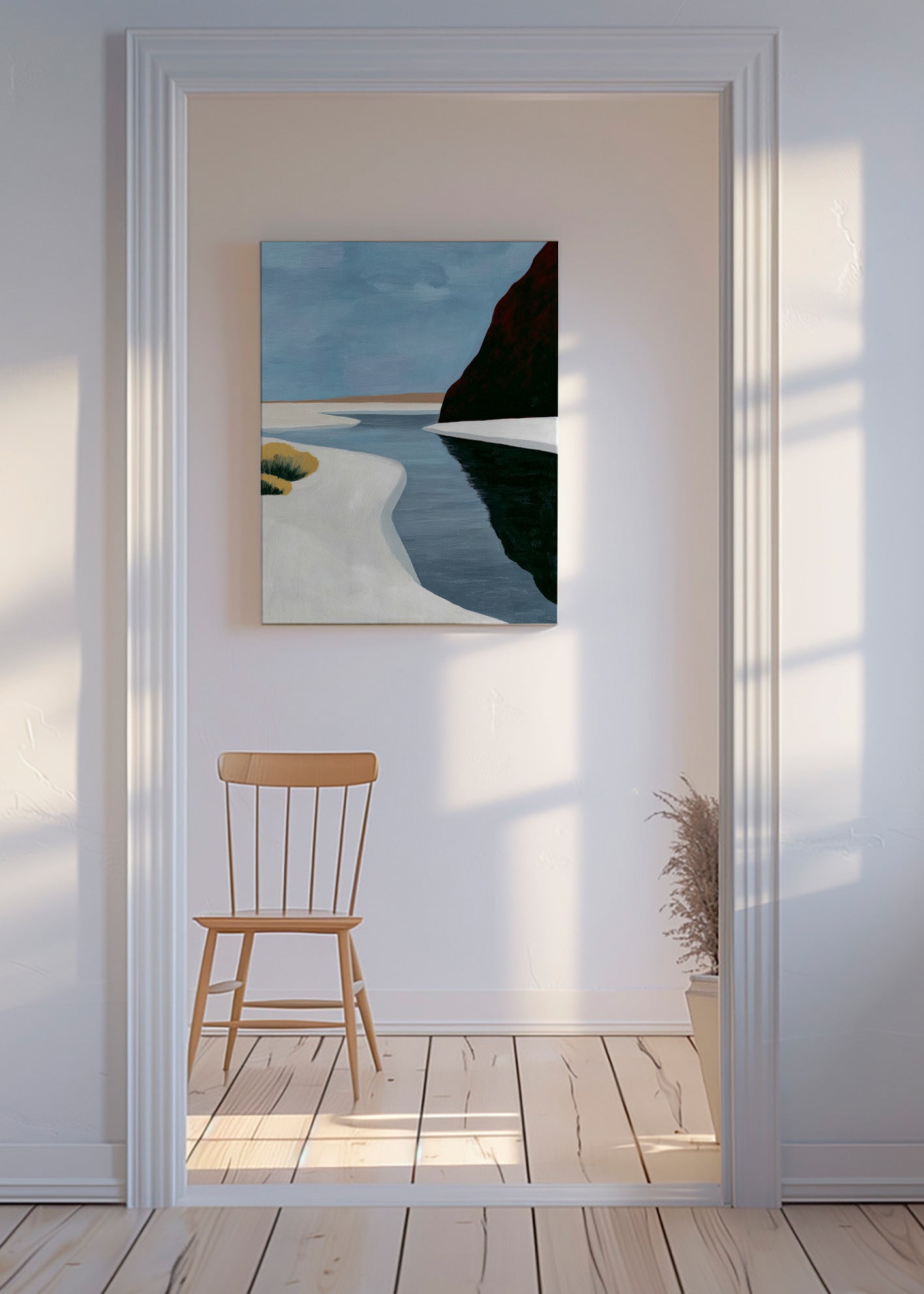 Quadro de paisagem: estuário minimalista com penhasco escuro