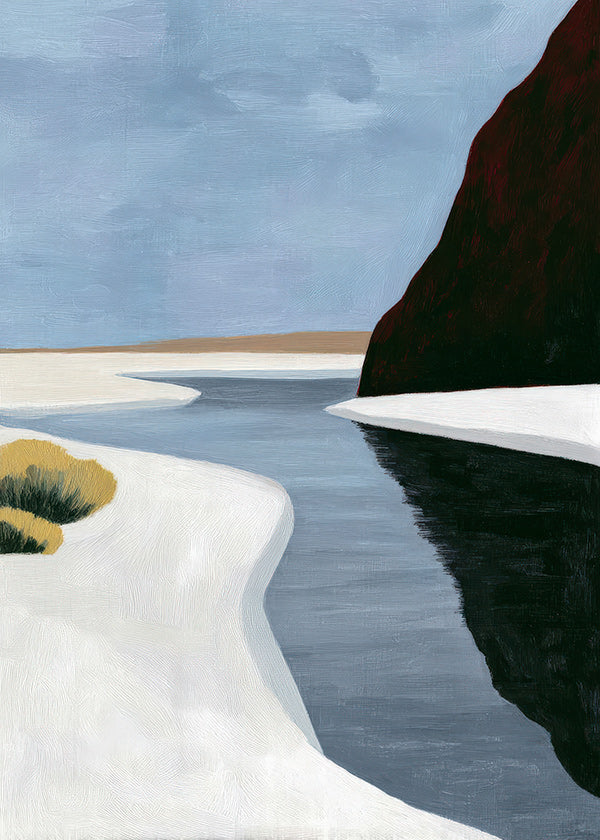 Quadro de paisagem: estuário minimalista com penhasco escuro