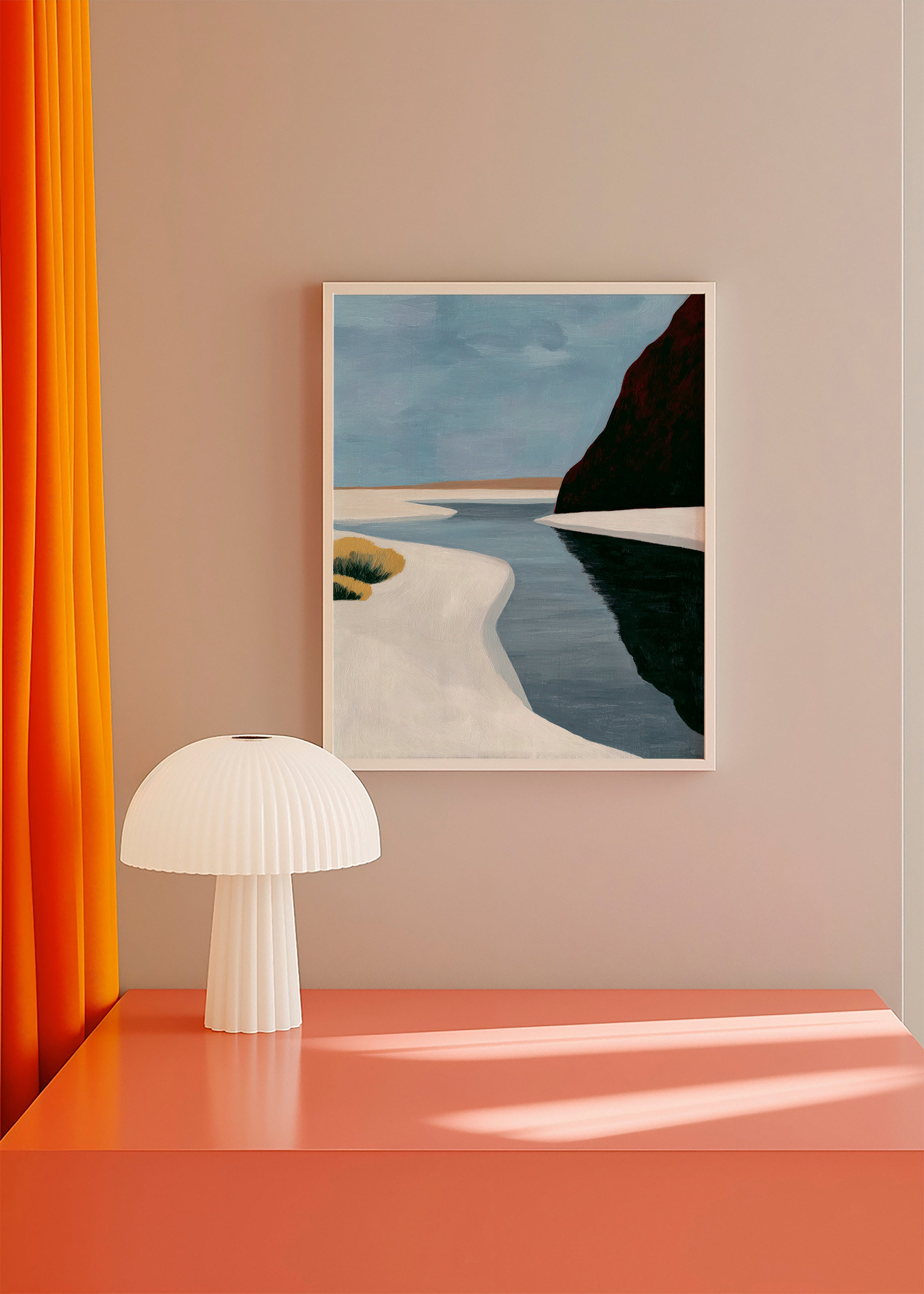 Quadro de paisagem: estuário minimalista com penhasco escuro