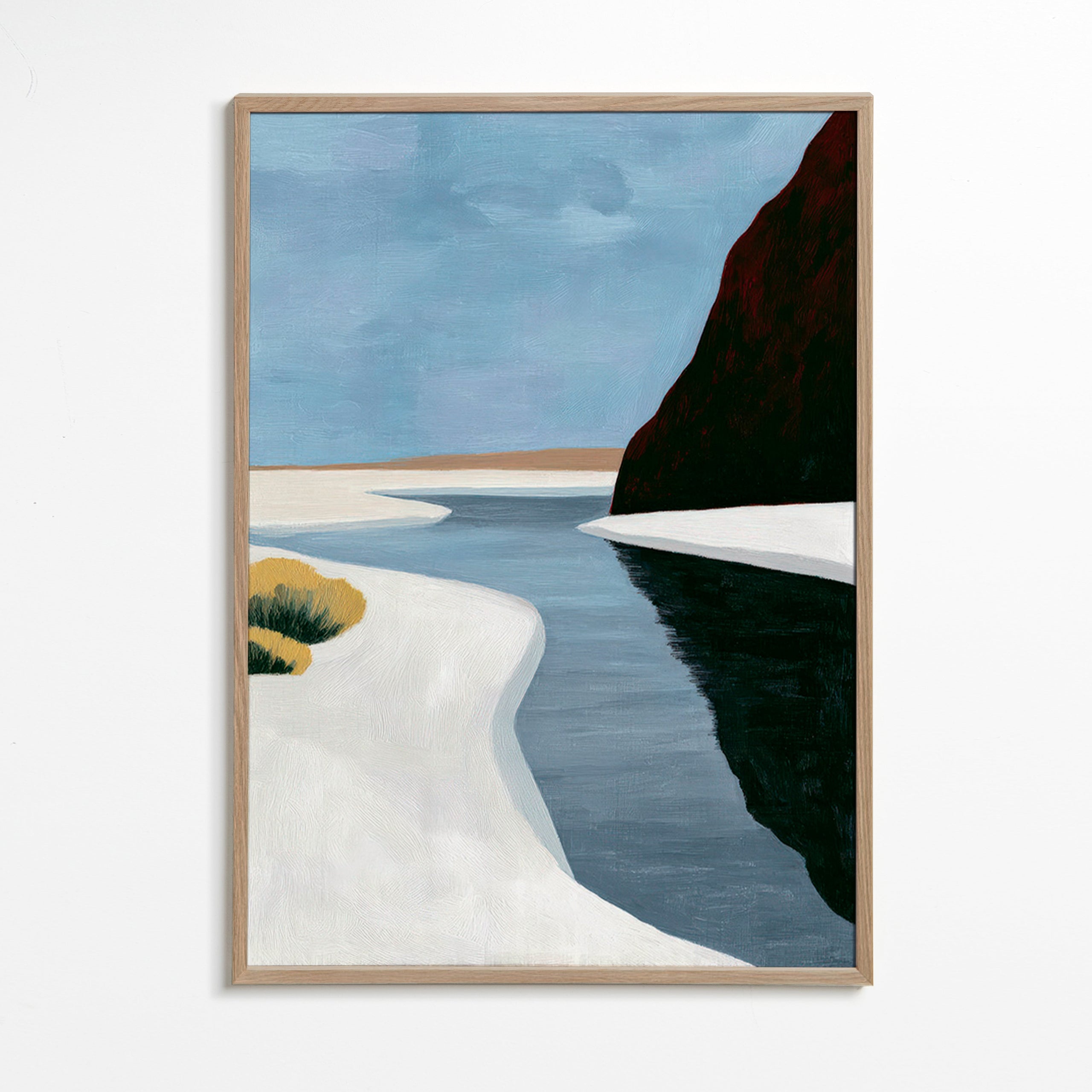 Quadro de paisagem: estuário minimalista com penhasco escuro