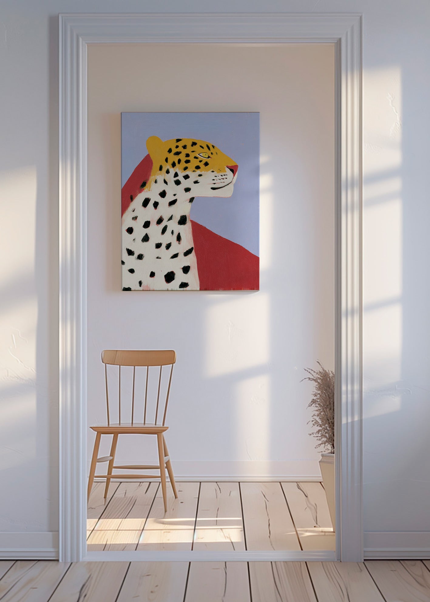Leopardo de perfil sobre fundo lavanda