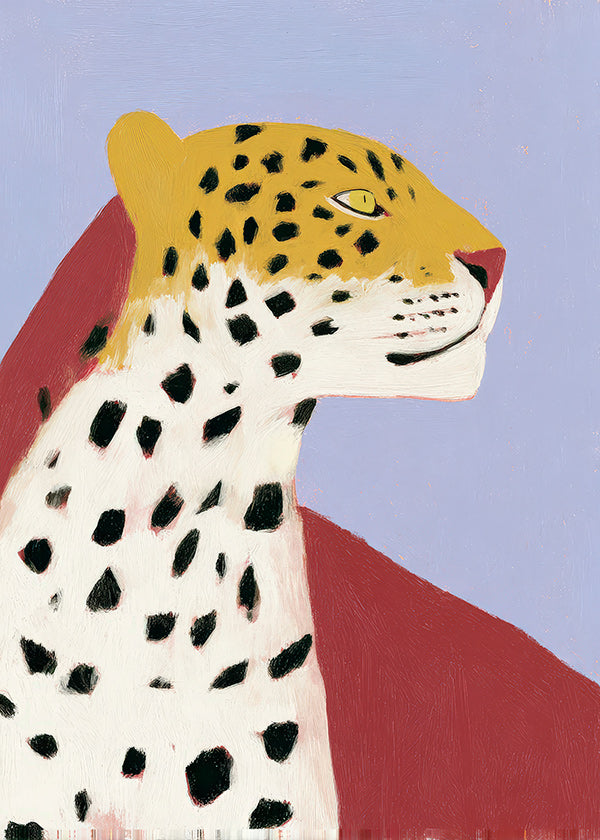 Leopardo de perfil sobre fundo lavanda