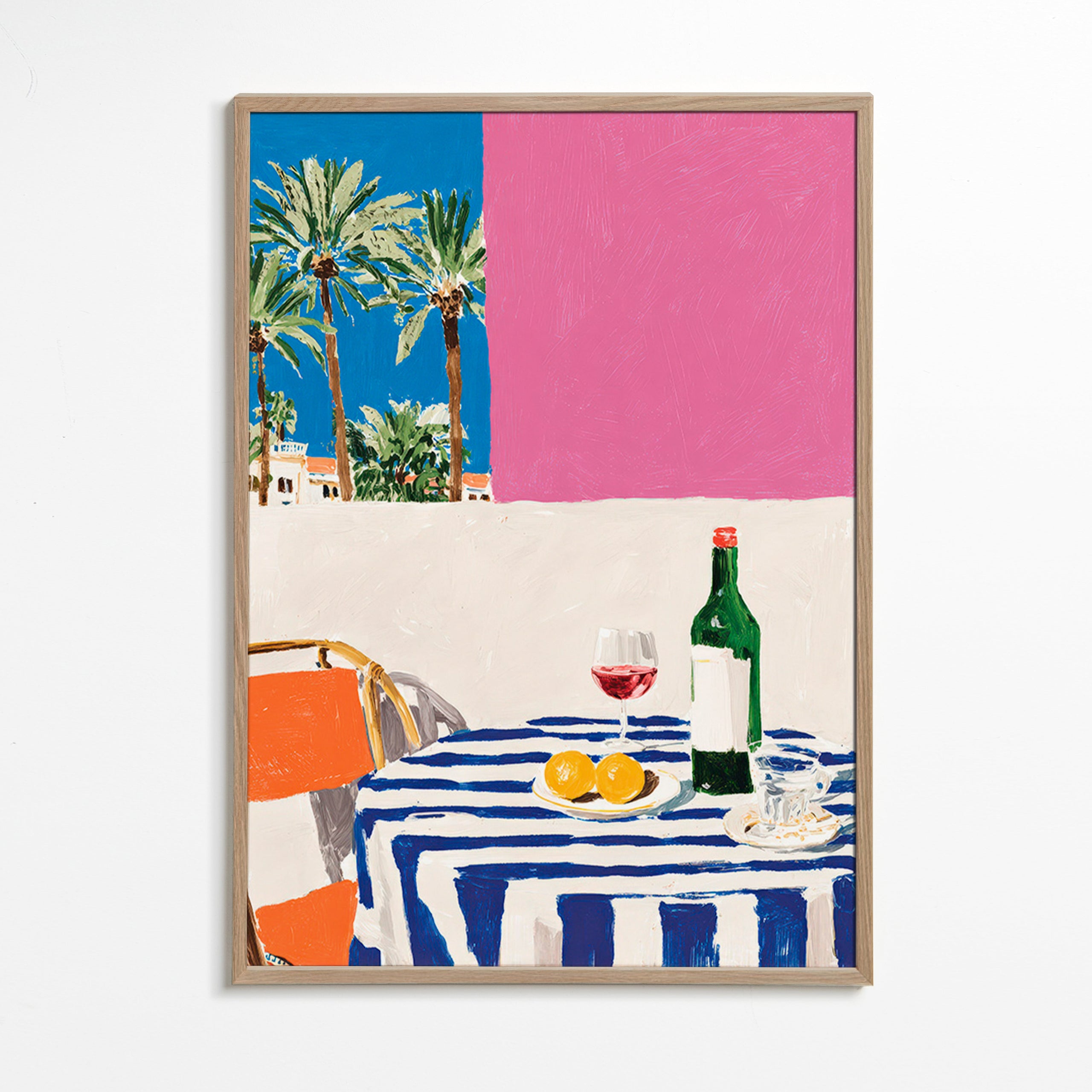 Arte para cozinha mesa às riscas, vinho e palmeiras