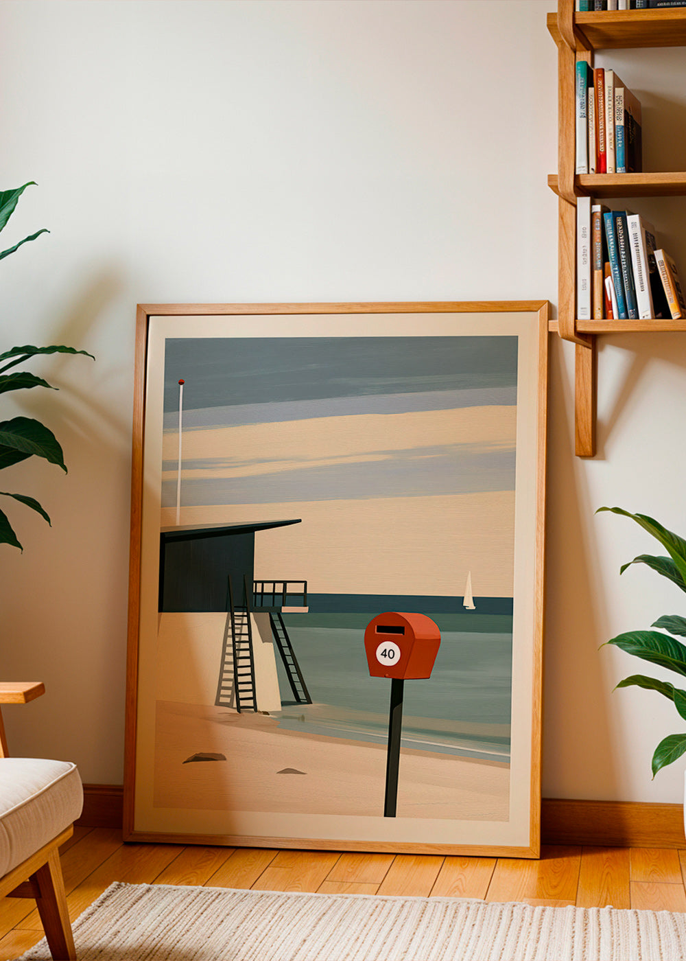 Arte de paisagem com posto de vigilância e caixa vermelha