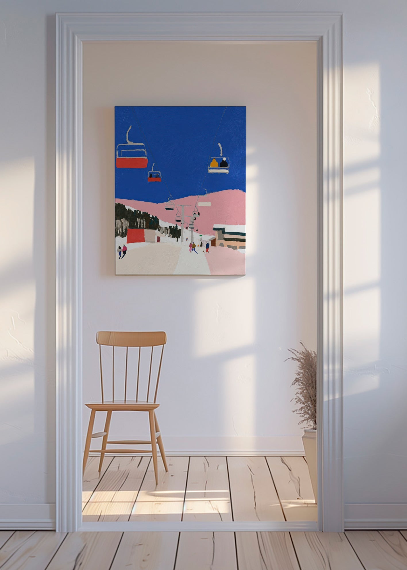 Quadro de paisagem com teleféricos e céu azul