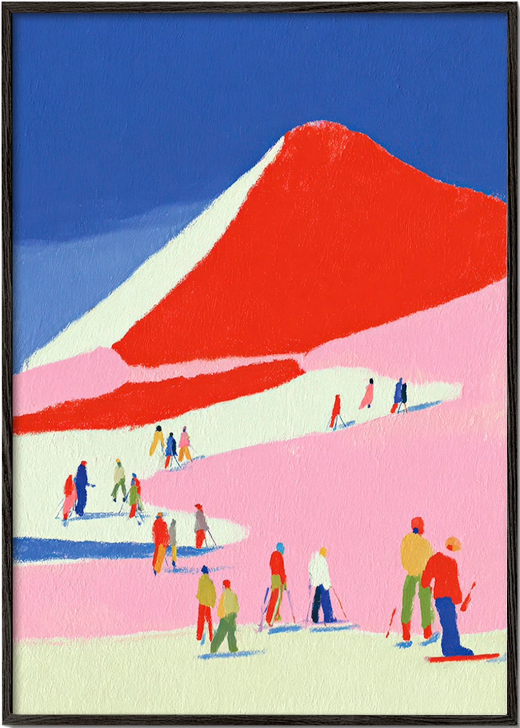 Arte de paisagem: montanha vermelha com esquiadores