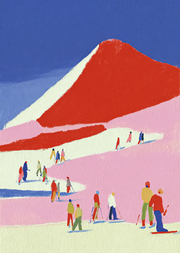 Arte de paisagem: montanha vermelha com esquiadores