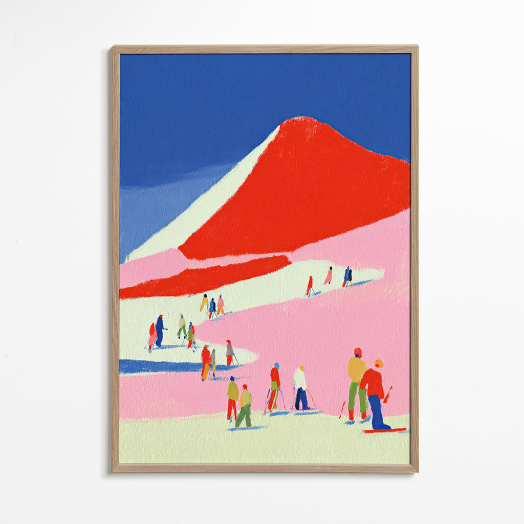 Arte de paisagem: montanha vermelha com esquiadores