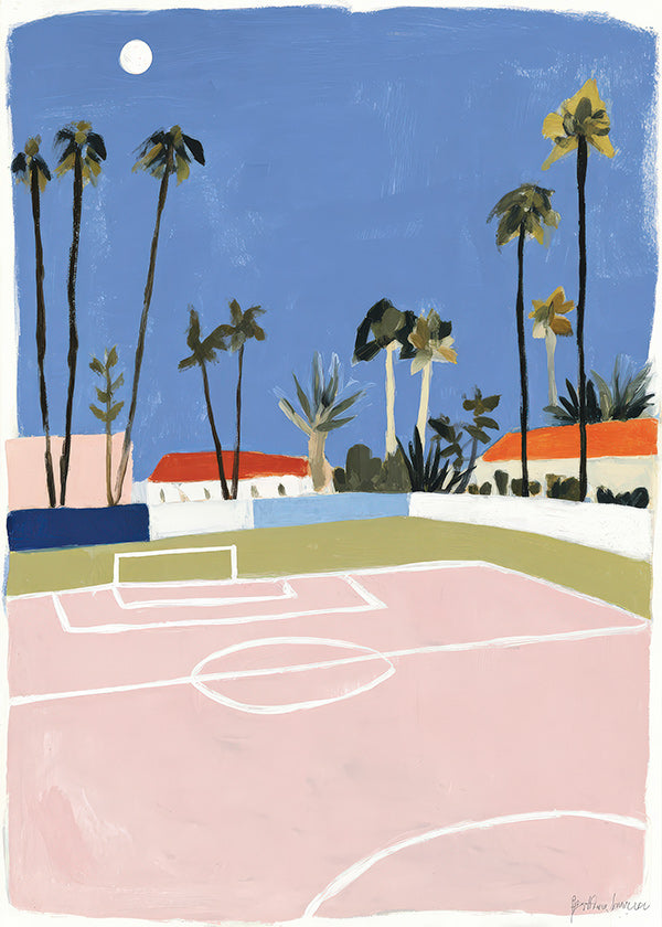 Arte desportivo com campo e palmeiras