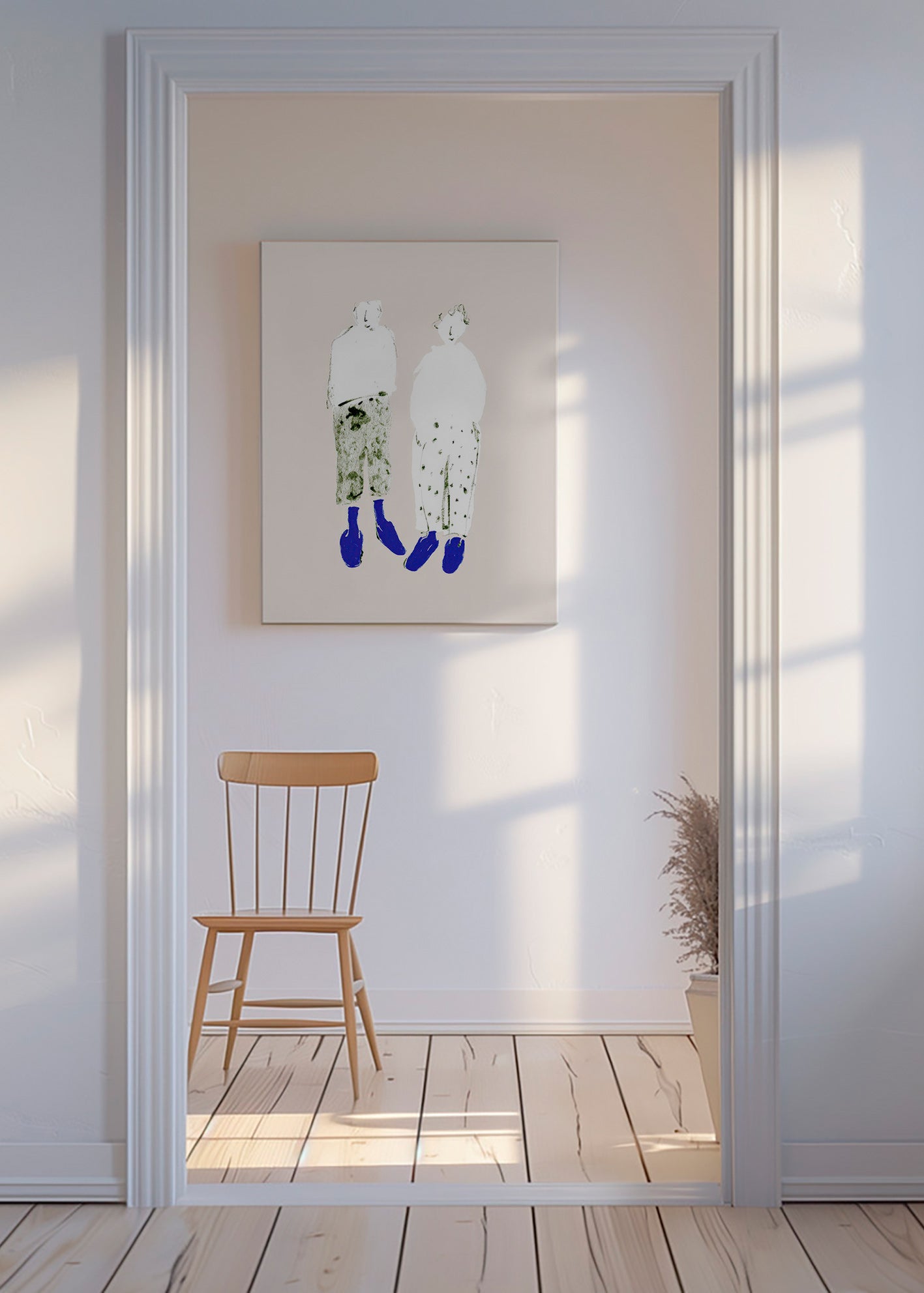 Ilustração minimal de casal com botas azuis