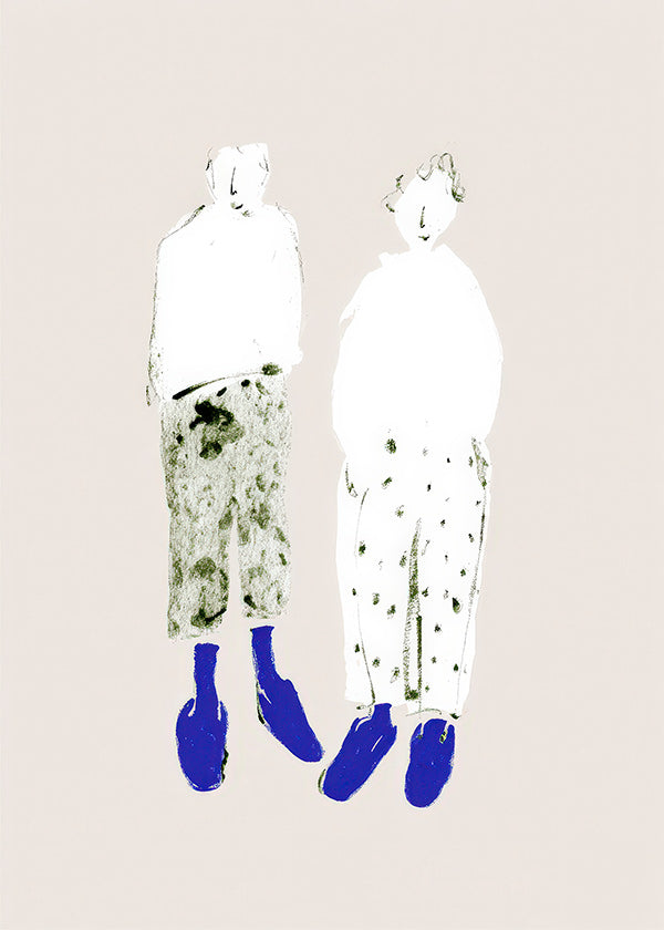 Ilustração minimal de casal com botas azuis