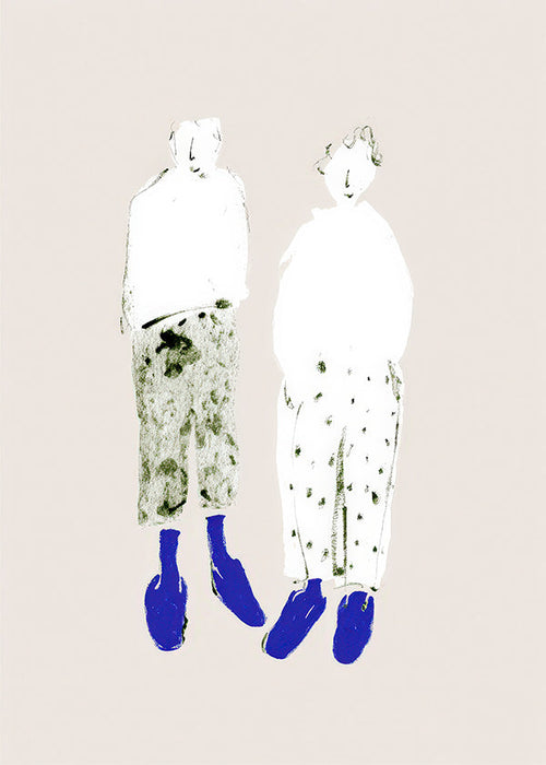 Ilustração minimal de casal com botas azuis