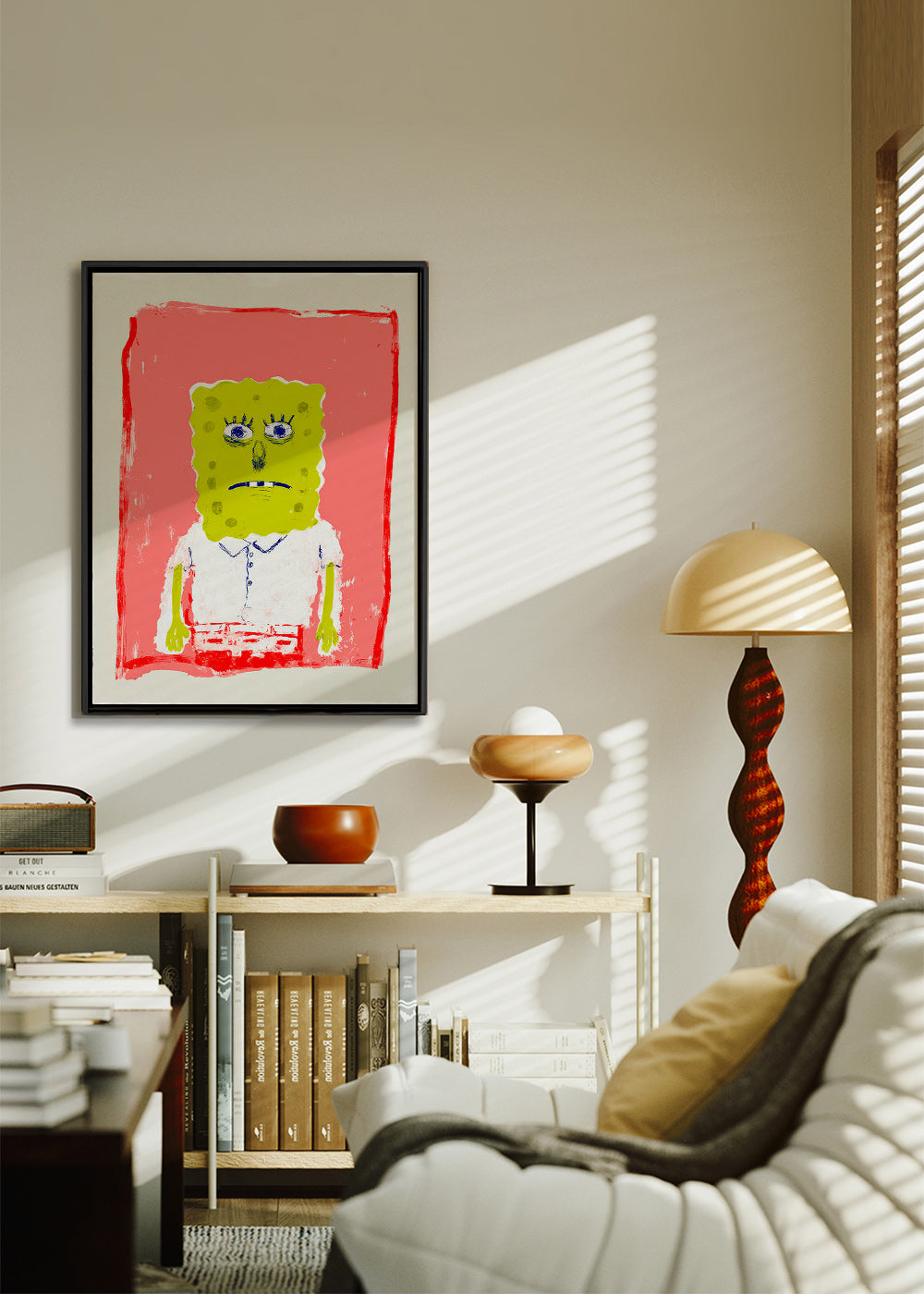 Ilustração personagem esponja em fundo rosa