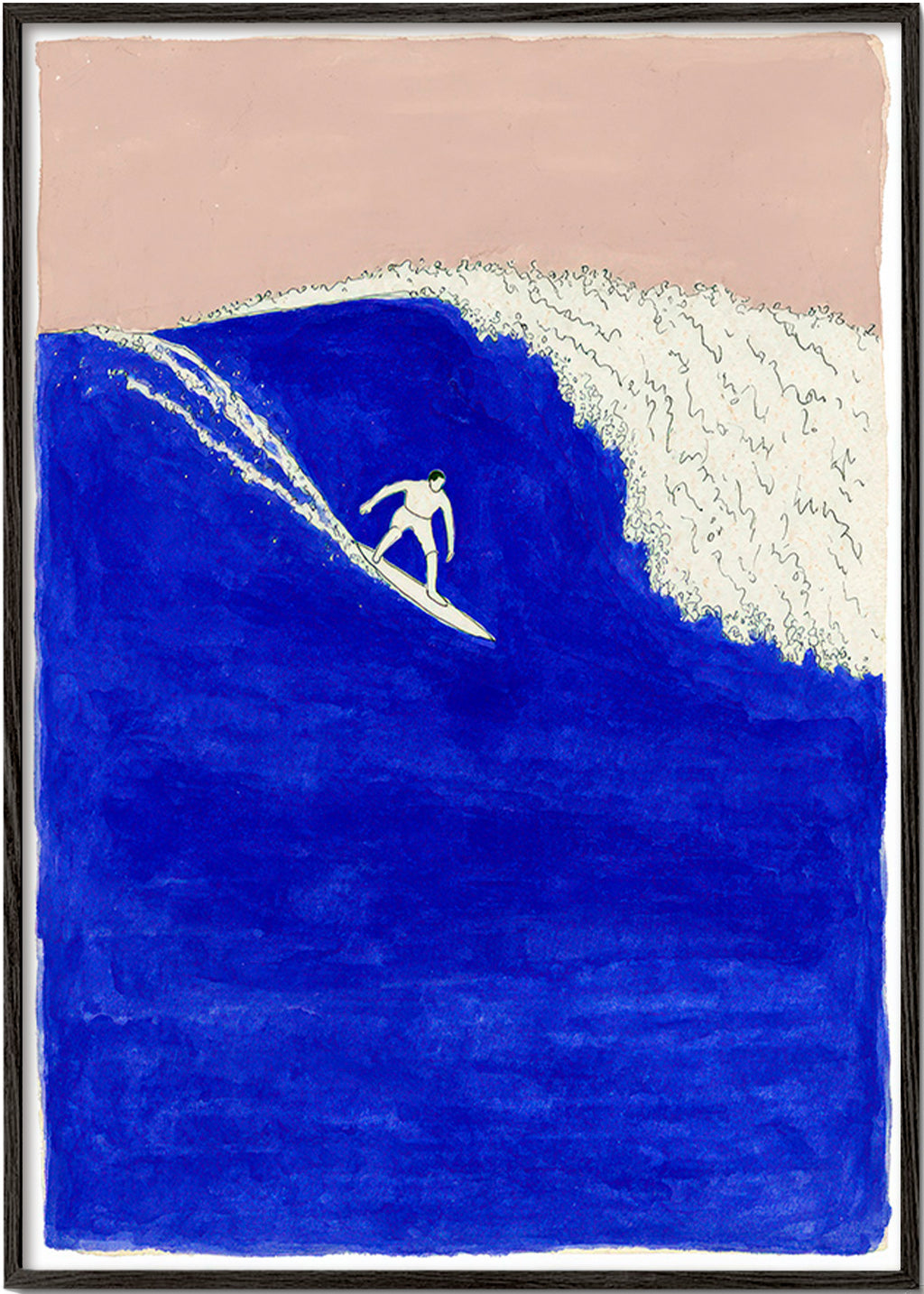 Quadro desportivo: surfista em onda azul intensa