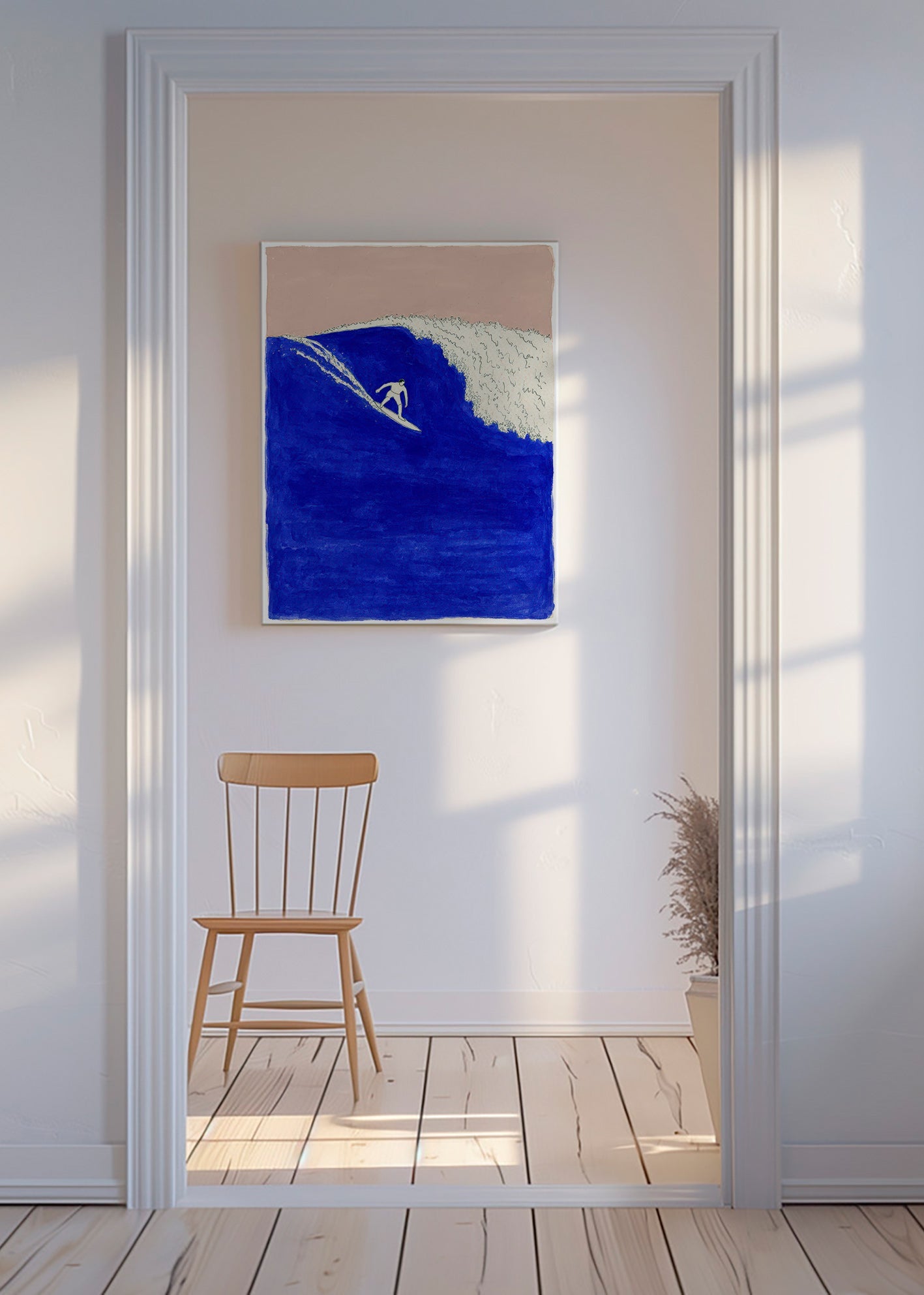 Quadro desportivo: surfista em onda azul intensa