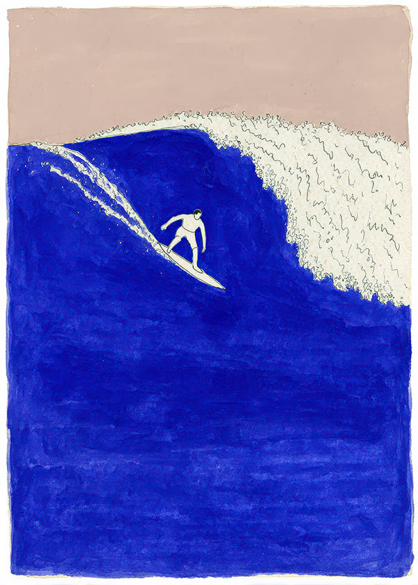 Quadro desportivo: surfista em onda azul intensa