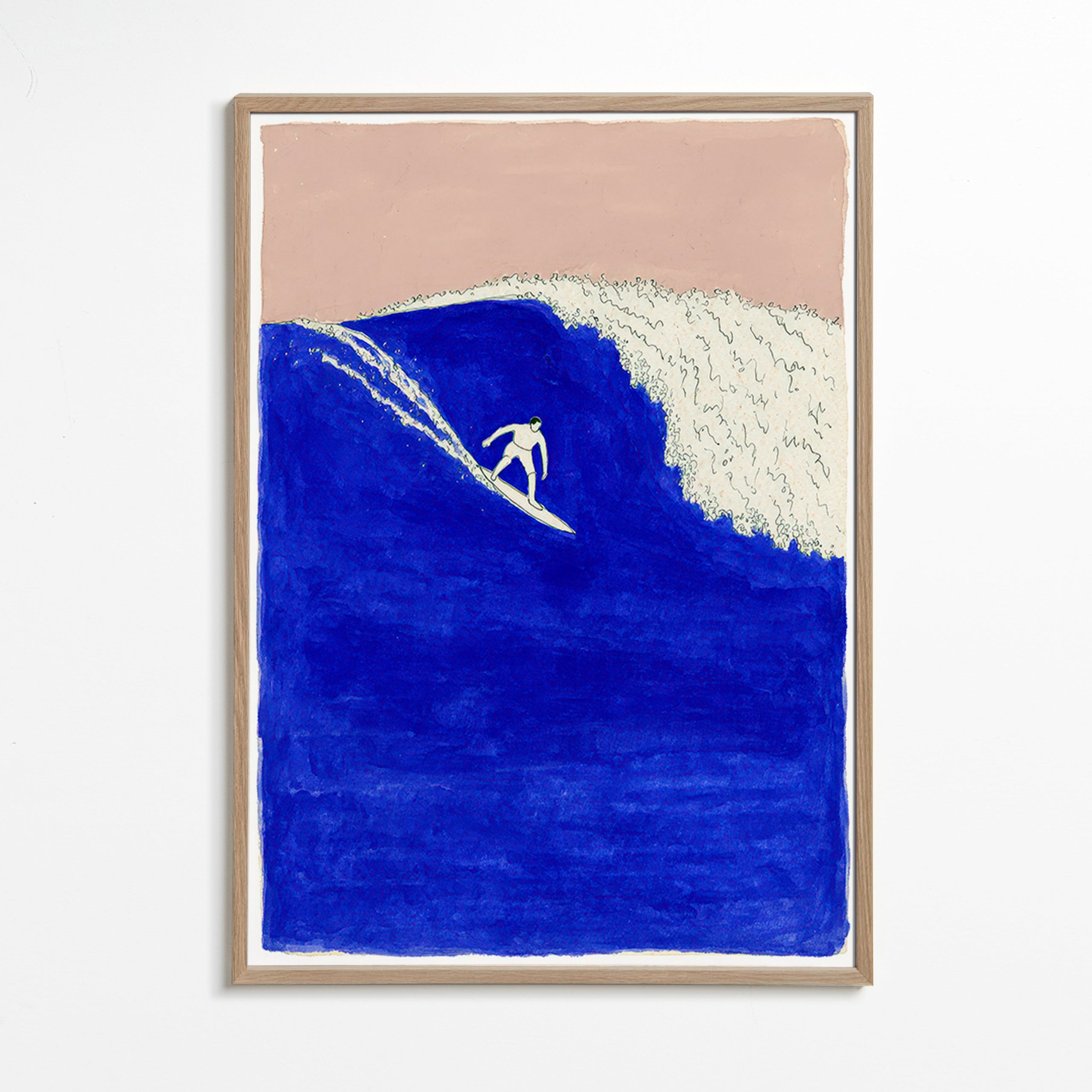 Quadro desportivo: surfista em onda azul intensa