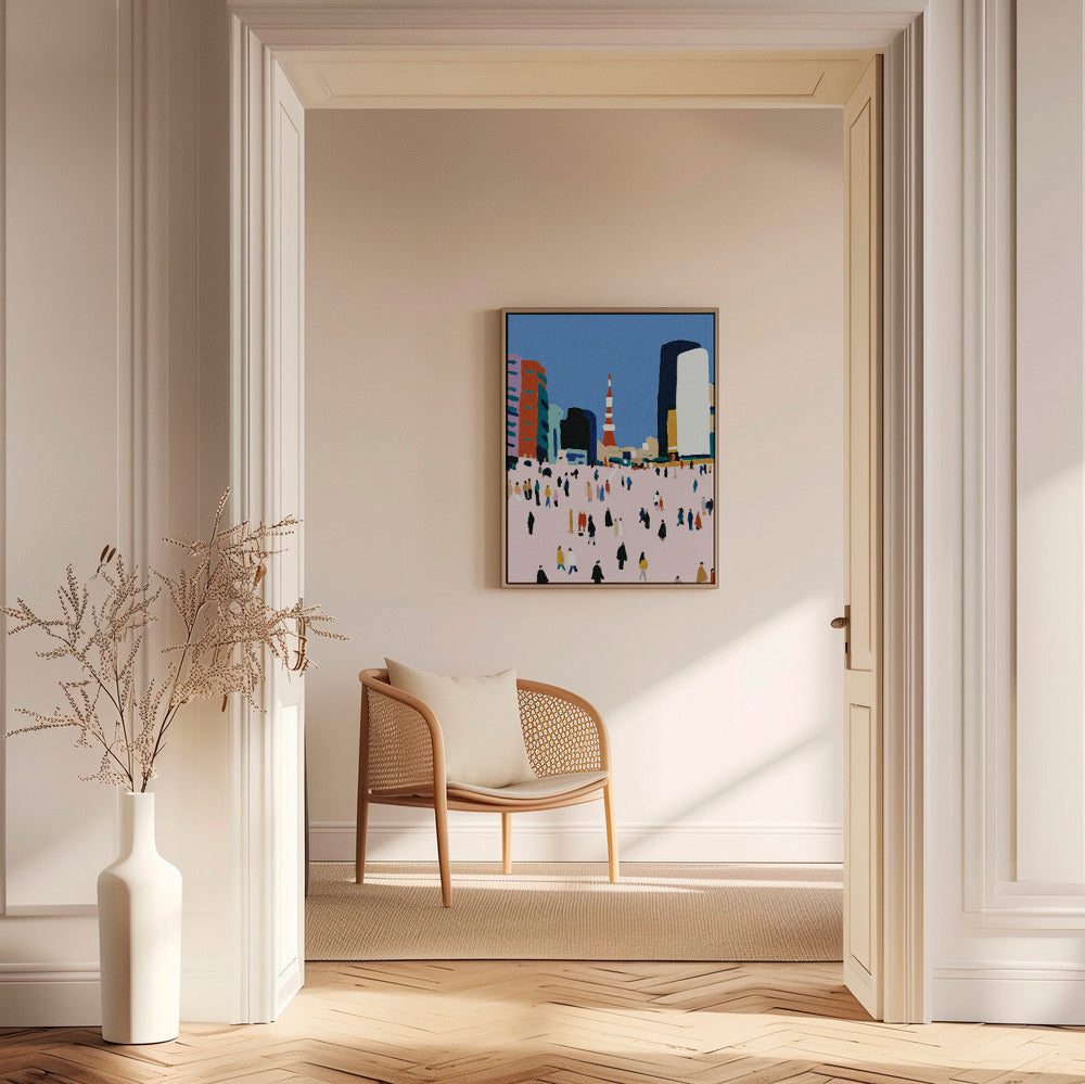 Quadro de cidade com multidão estilizada