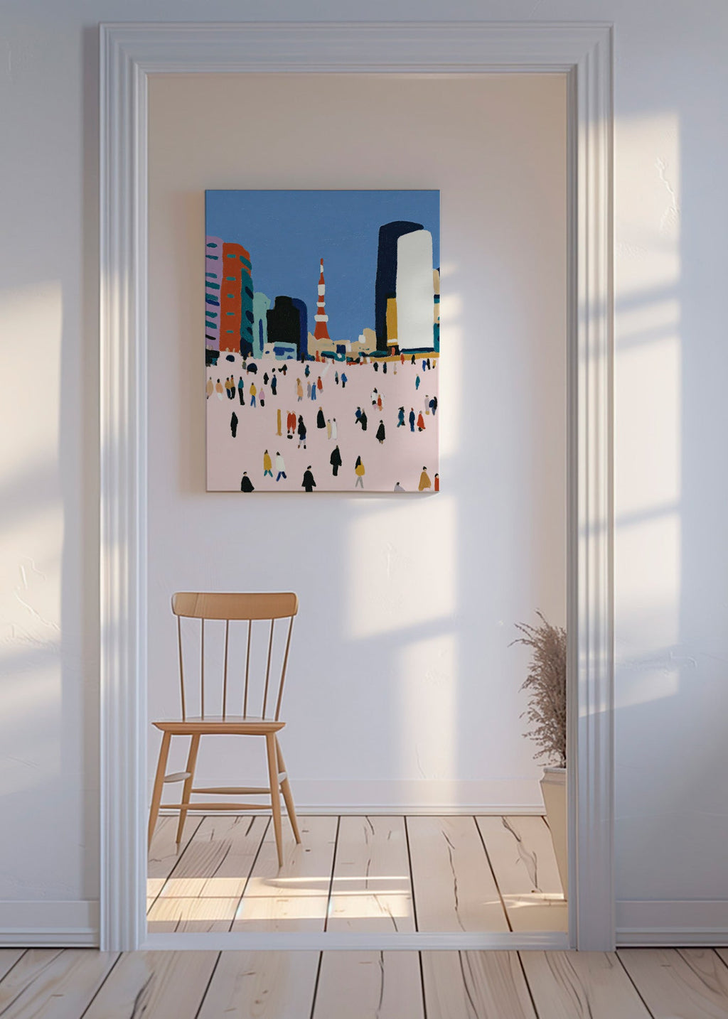 Quadro de cidade com multidão estilizada