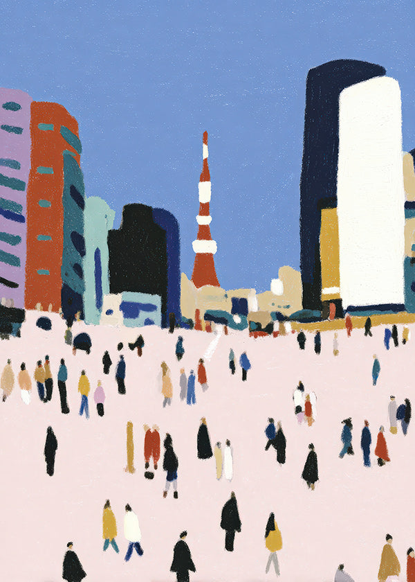 Quadro de cidade com multidão estilizada