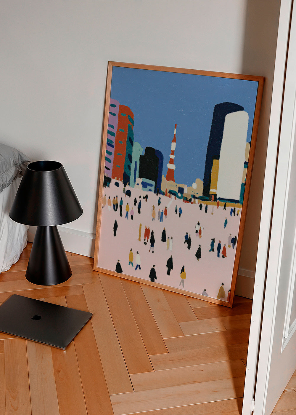 Quadro de cidade com multidão estilizada