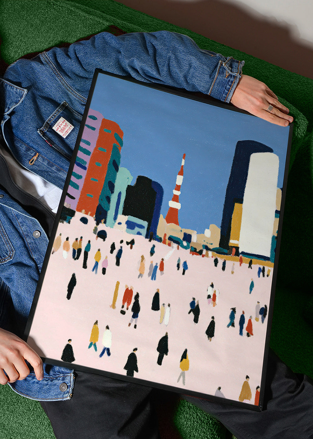 Quadro de cidade com multidão estilizada