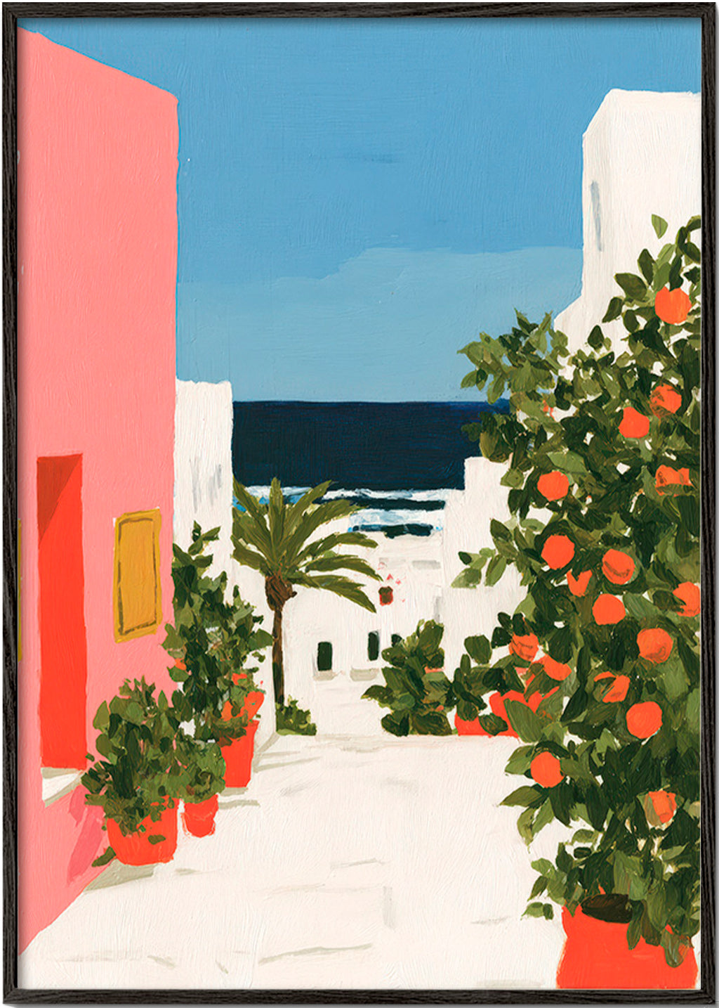 Quadro de paisagem com laranjeiras em viela costeira