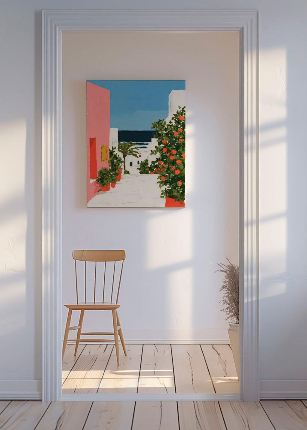 Quadro de paisagem com laranjeiras em viela costeira