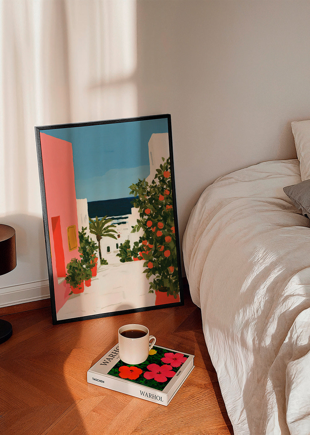 Quadro de paisagem com laranjeiras em viela costeira
