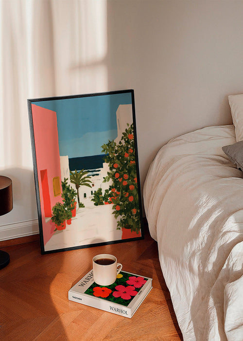 Quadro de paisagem com laranjeiras em viela costeira