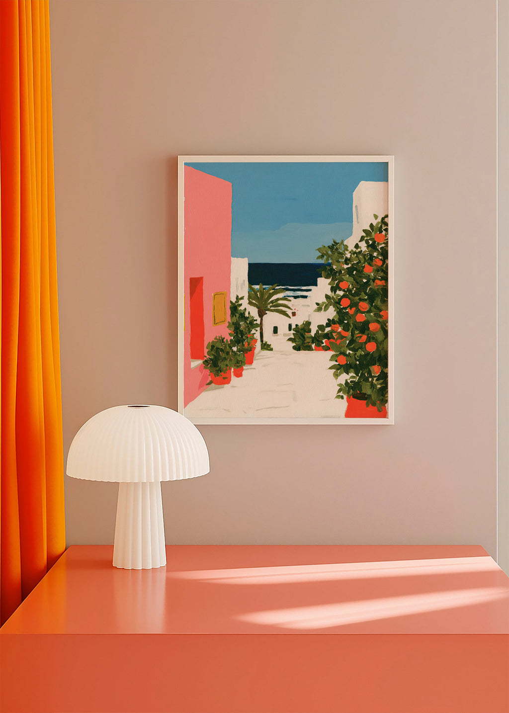 Quadro de paisagem com laranjeiras em viela costeira