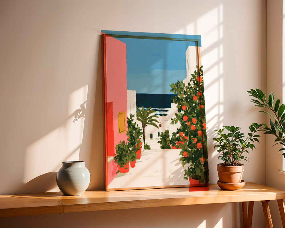 Quadro de paisagem com laranjeiras em viela costeira