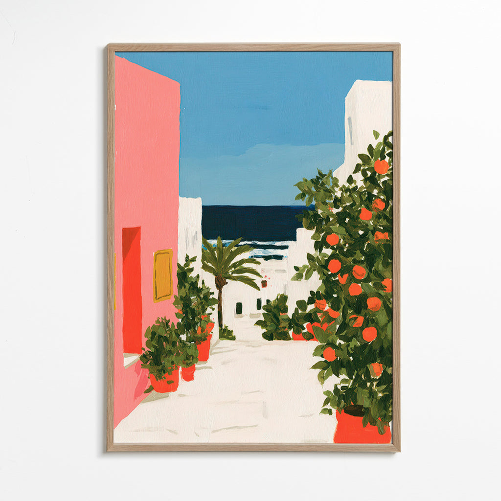 Quadro de paisagem com laranjeiras em viela costeira