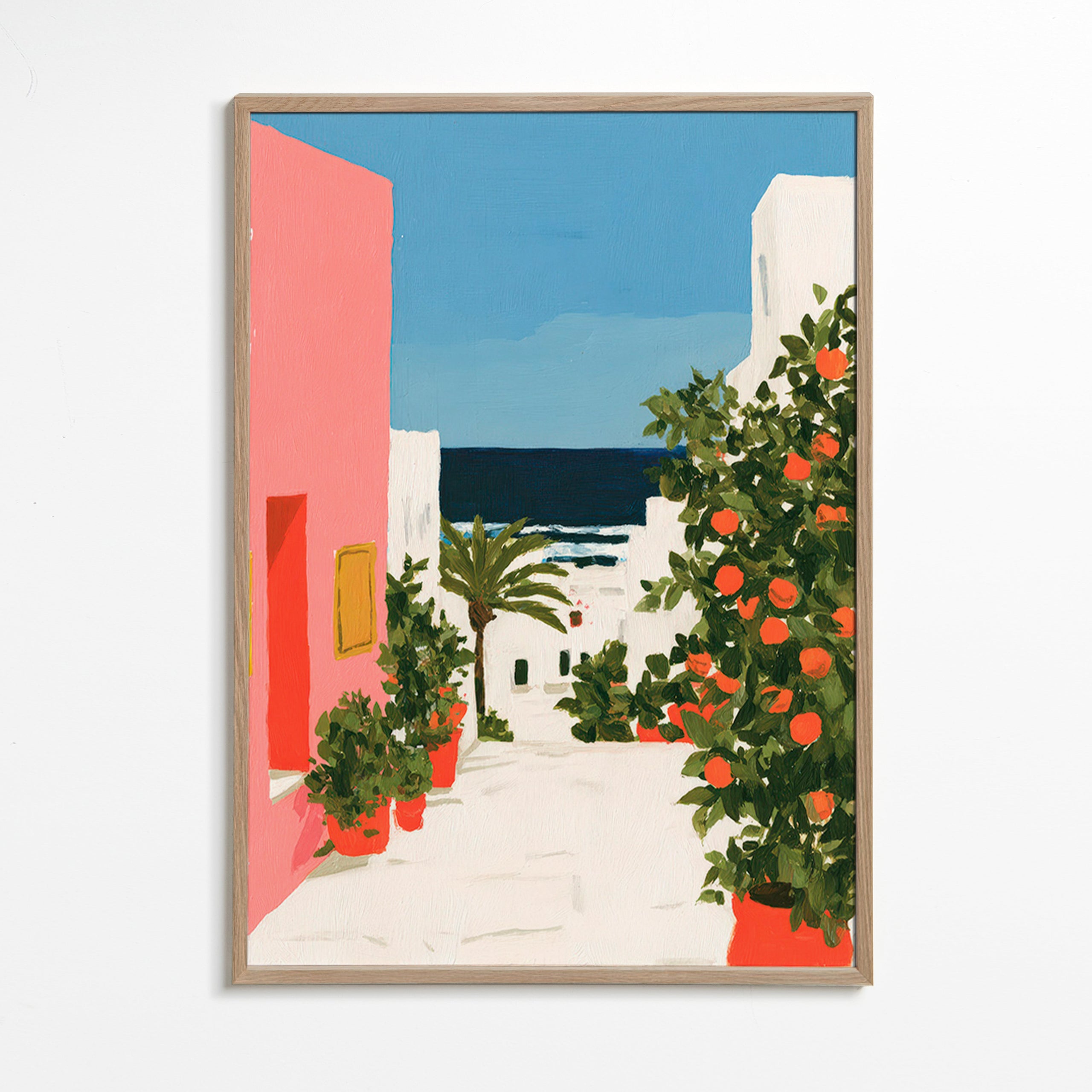 Quadro de paisagem com laranjeiras em viela costeira