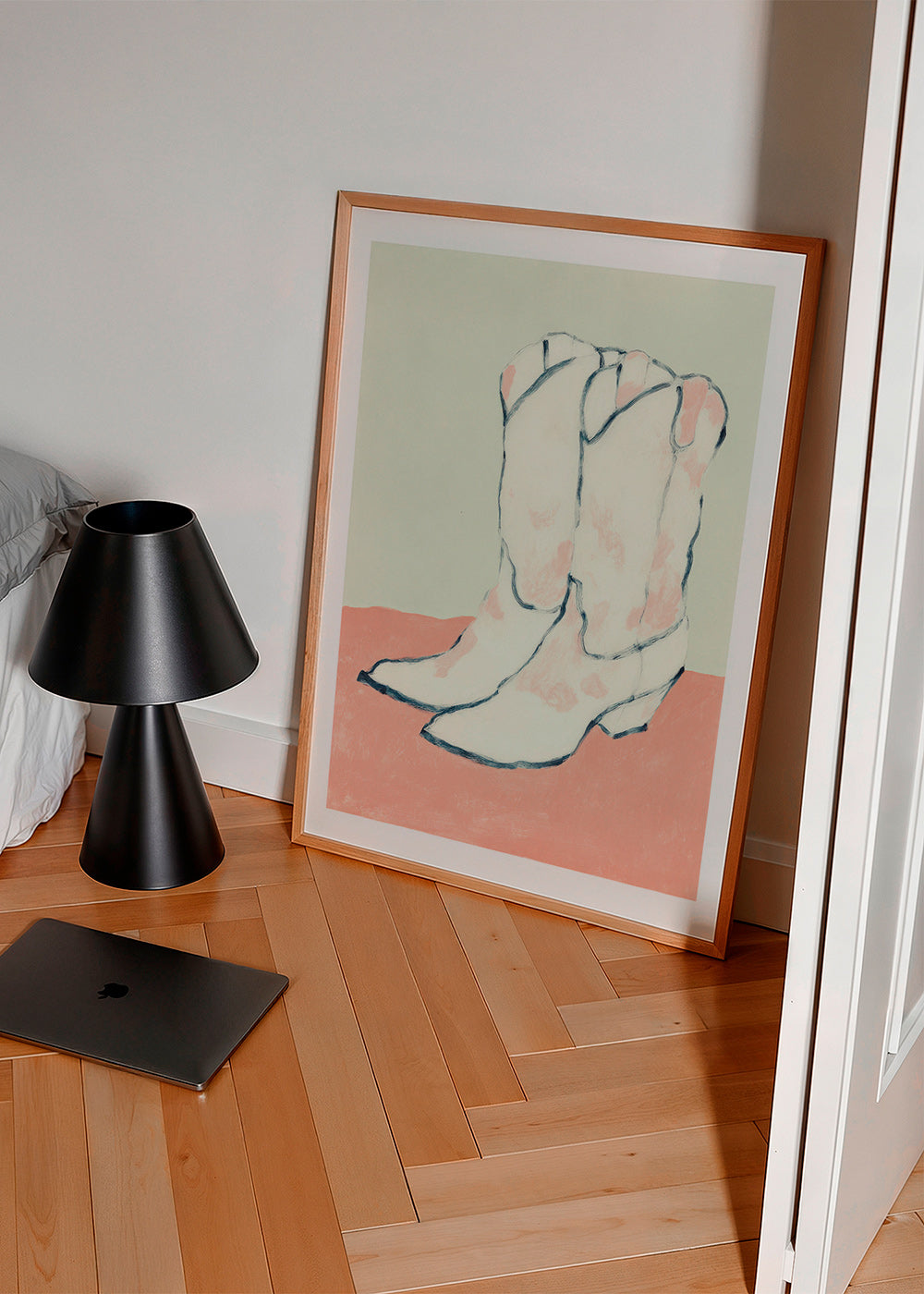Ilustração botas brancas sobre fundo pastel