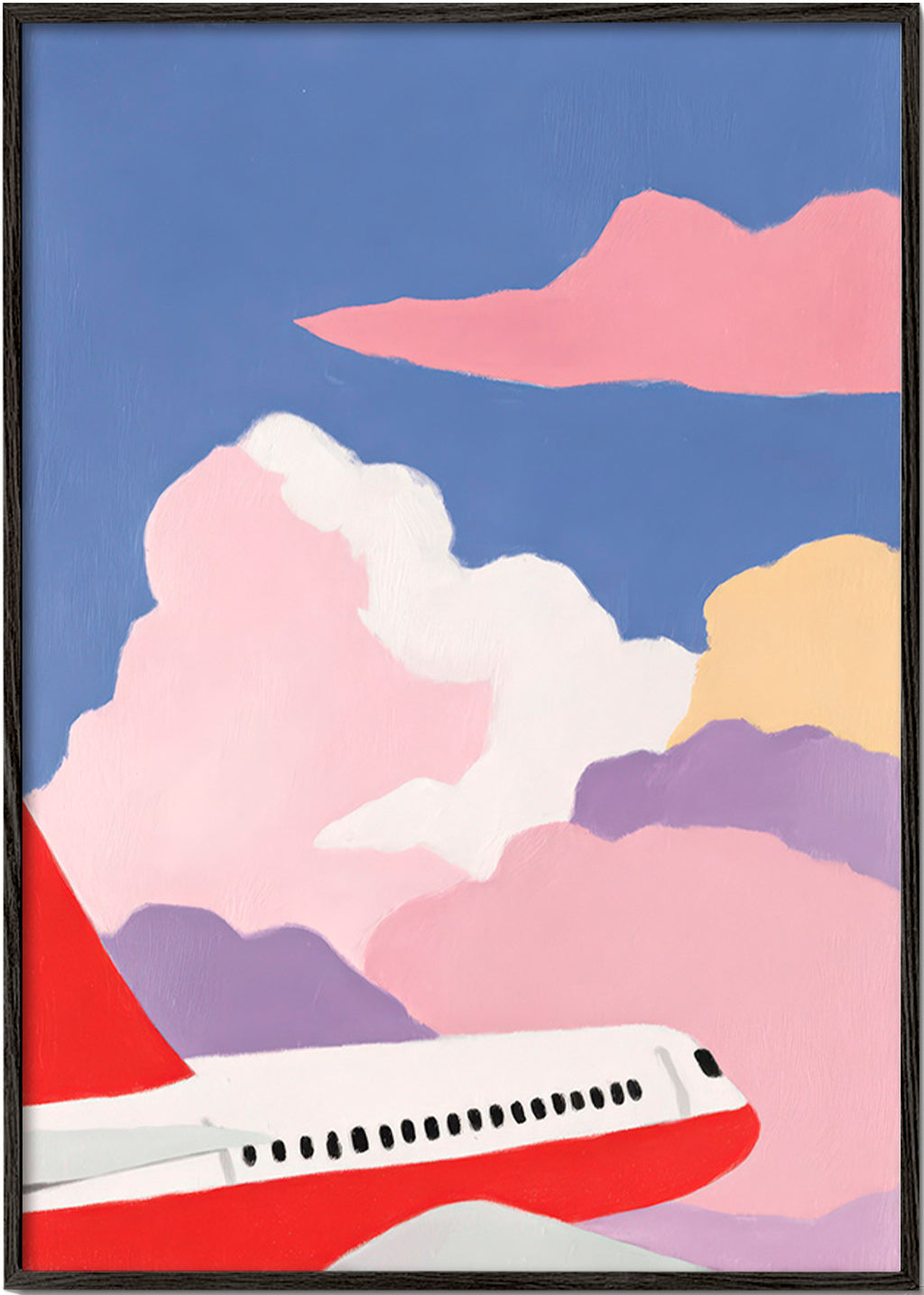 Ilustração avião entre nuvens rosas