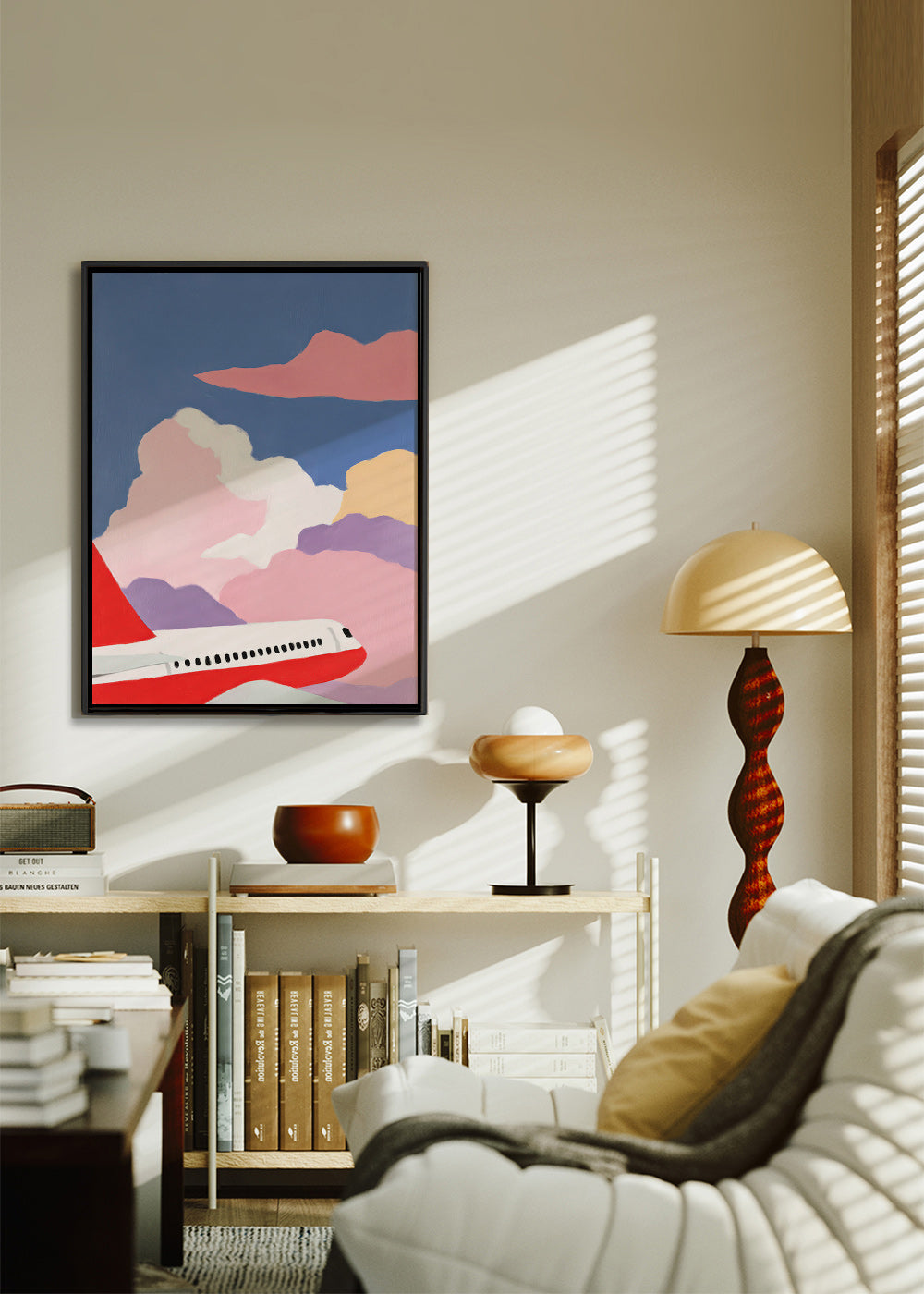 Ilustração avião entre nuvens rosas