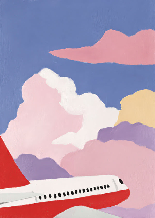 Ilustração avião entre nuvens rosas