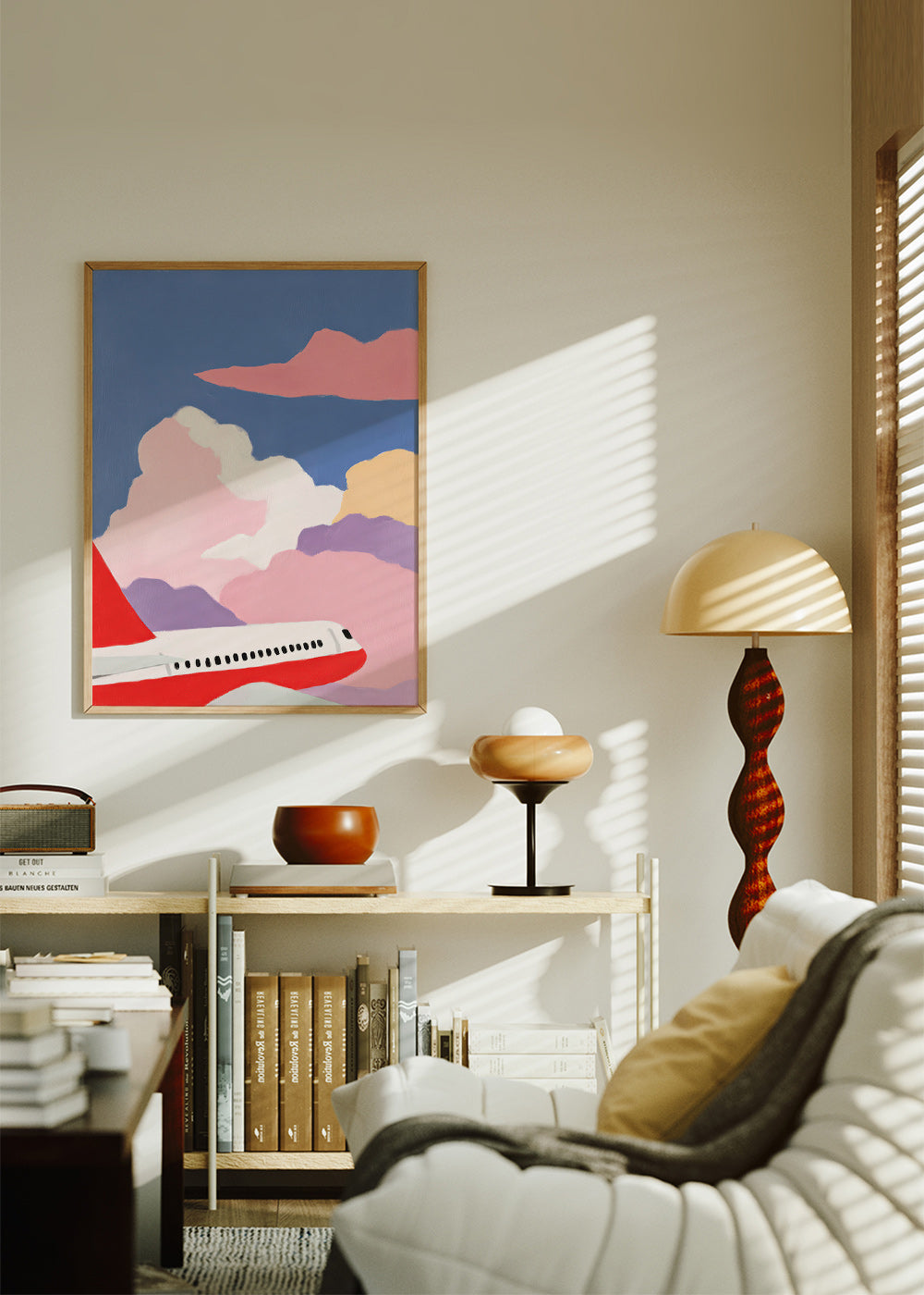 Ilustração avião entre nuvens rosas