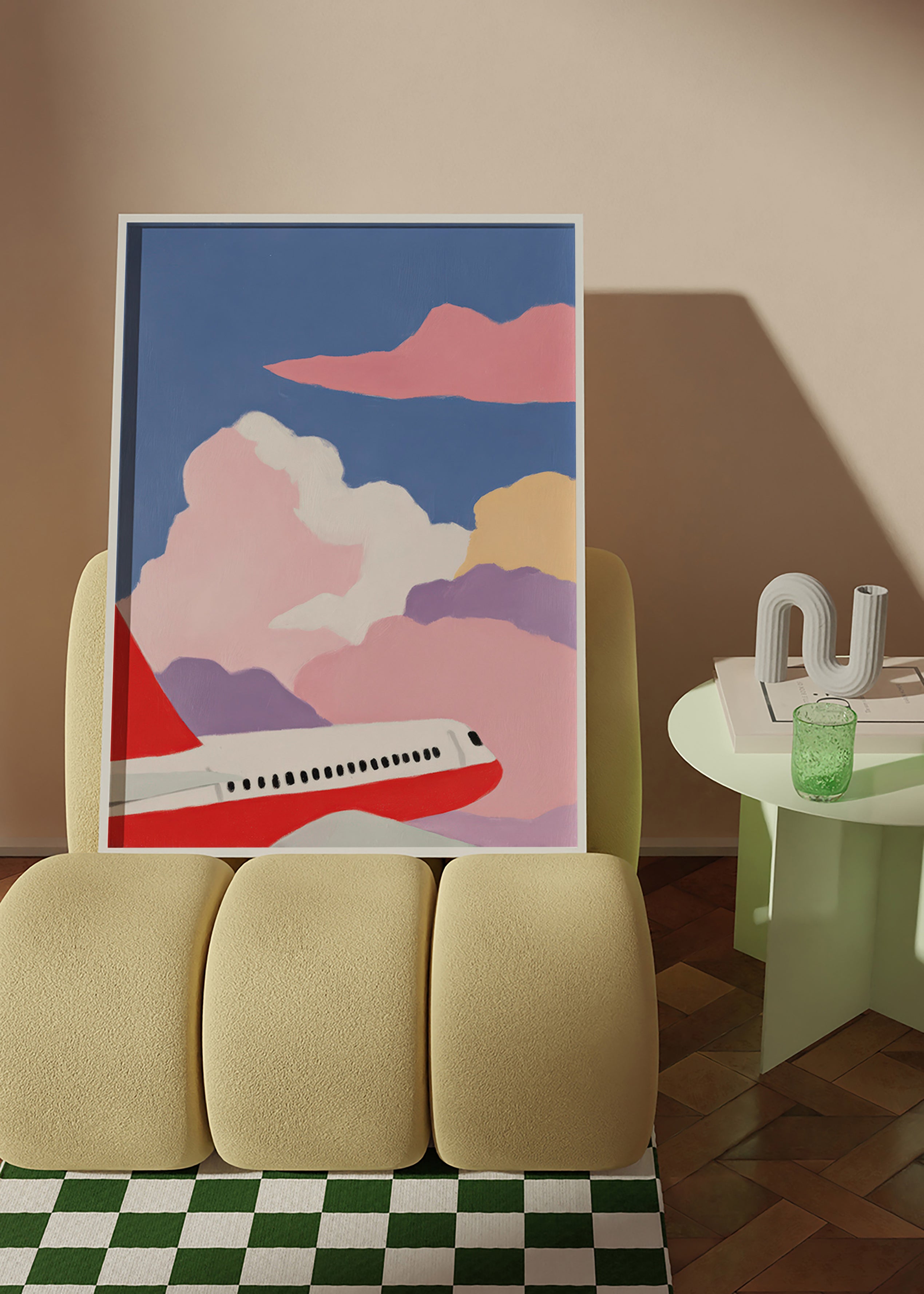 Ilustração avião entre nuvens rosas