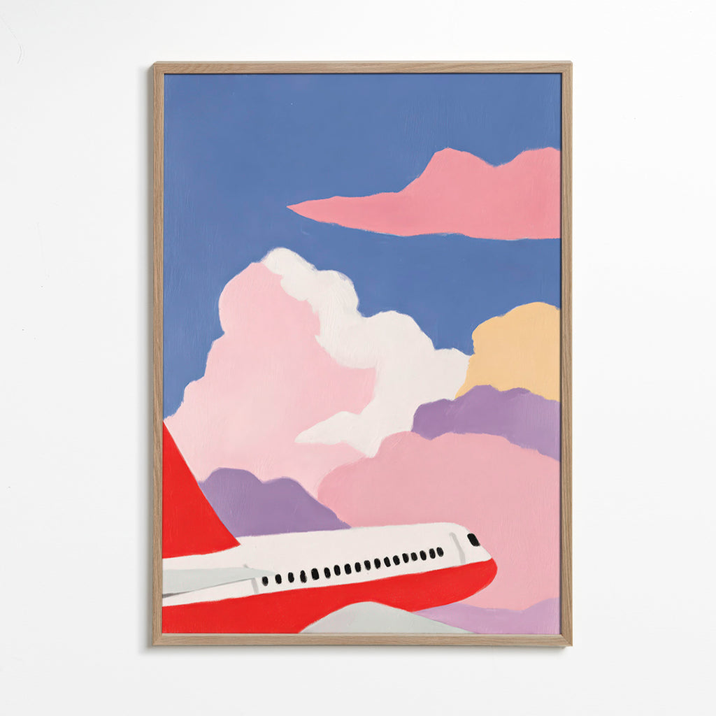 Ilustração avião entre nuvens rosas